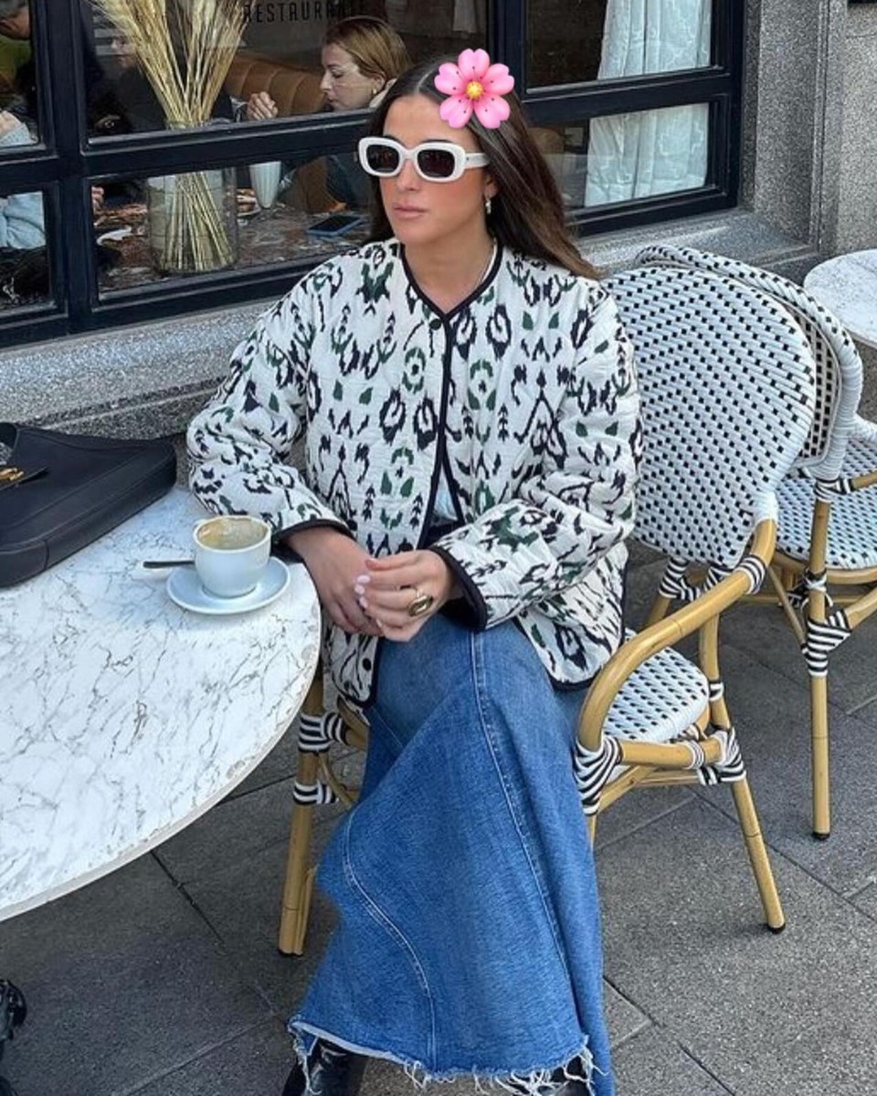 Zara Printed Quilted Padded Jacket Ecru White Green Size L