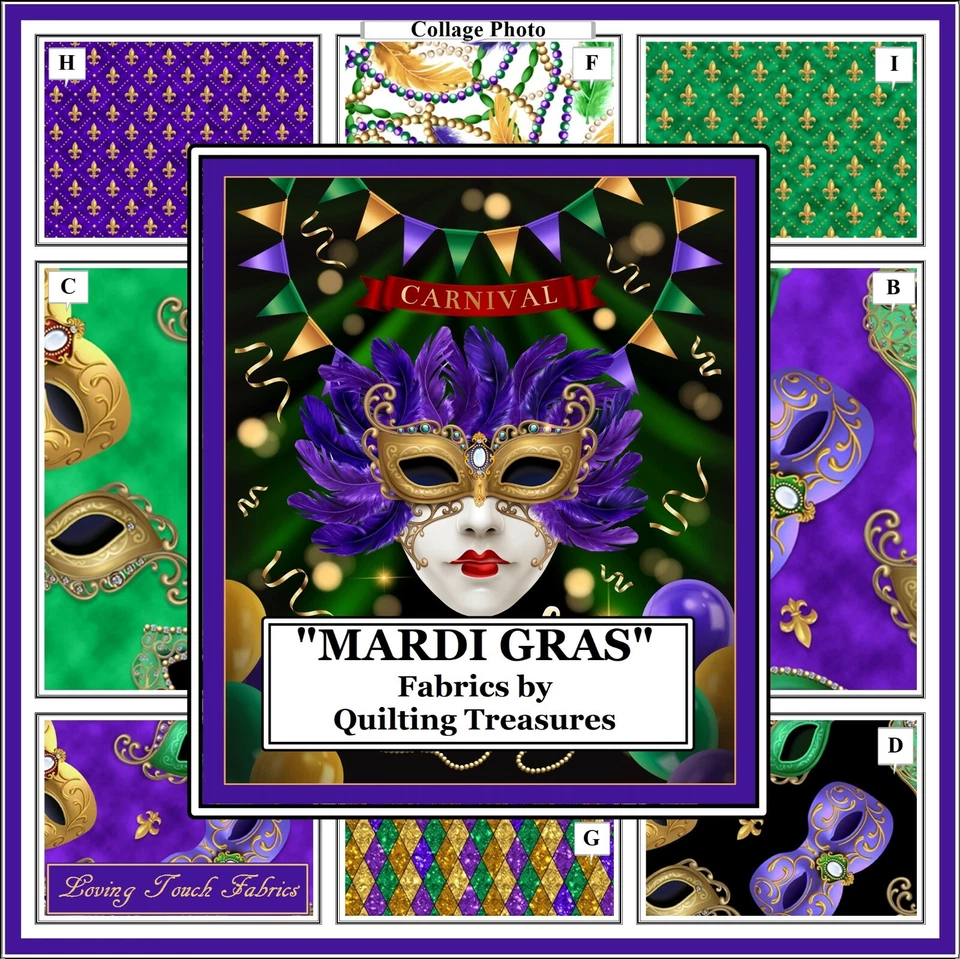 QUILTING TREASURES, MARDI GRAS, MASKS, BEADS,FEATHERS, FABRICS