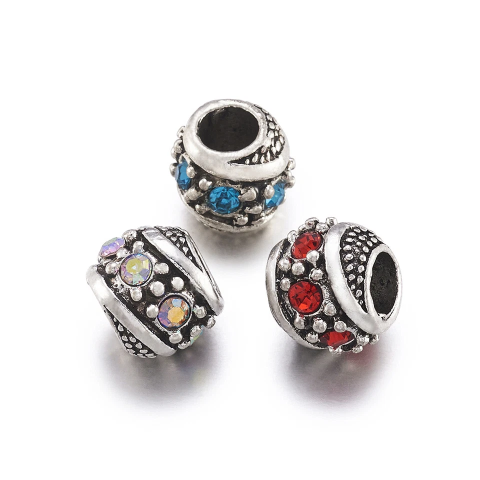 50x Cuentas antiguas de aleación de plata con diamantes de imitación rondelle europeas agujero grande 11x10 mm Foto 2 de 4