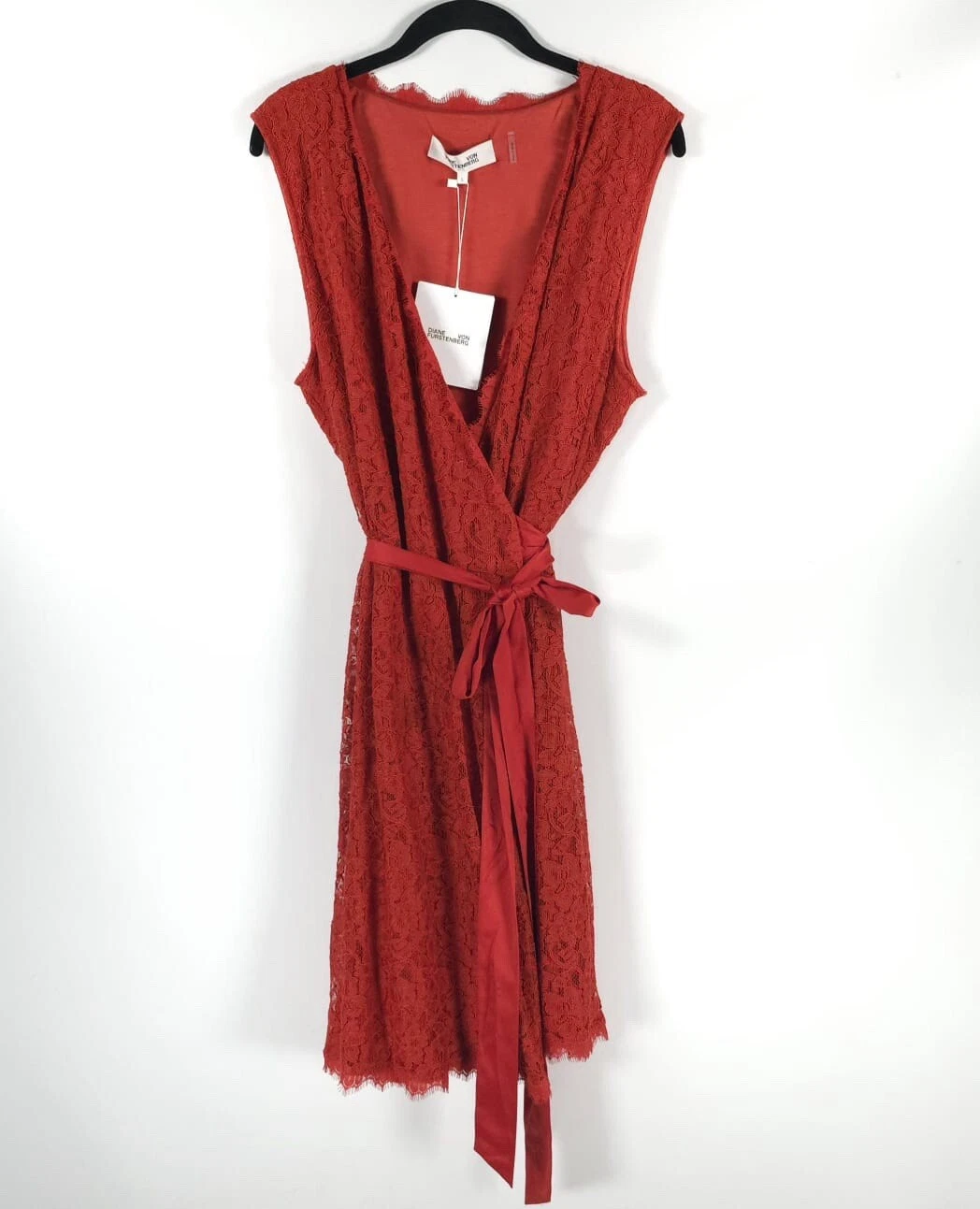 VETEMENTS Mini abito nuovo con etichette DIANE VON FURSTENBERG senza maniche scollo avvolgente pizzo cintura raso GRANDE