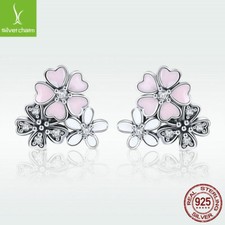 Daisy  Cherry New 925 Sterling Silver Stud Earrings Pink Enamel With CZ Jewelry