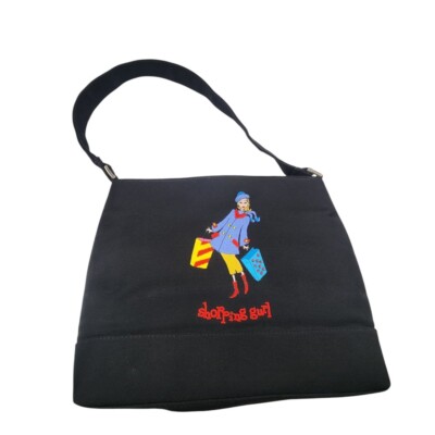 Black Tote Bag with Colorful Shopping Girl Design