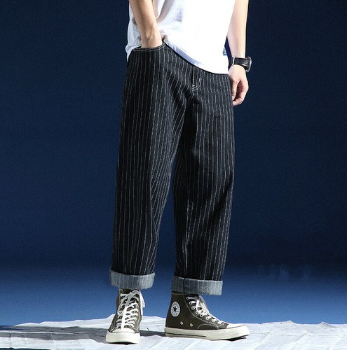 Mens Pants Straight Loose Baggy Dad Jeans Cropped Trousers Retro Wide-Leg  Stripe | eBay