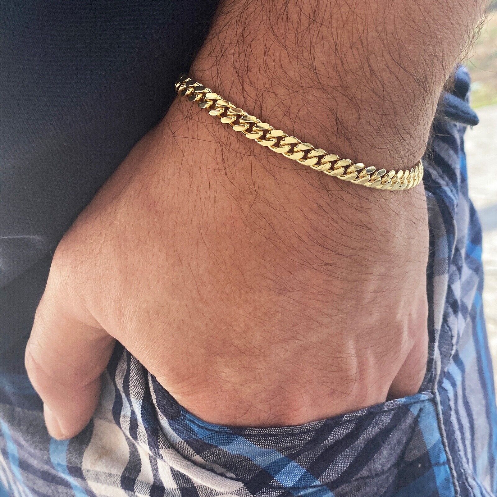 Mens 14k Gold Plated over Real 925 Sterling Silver Miami Cuban Link  Bracelet 5MM