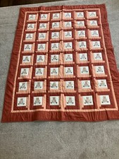 Vtg Baby Child  s Teddy Bear Handmade Quilt 1980  s Rust Peach Reversible 58  x 44  