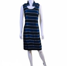 Banana Republic Navy Blue Black Stripe Ruffle Couture Collar Sheath Dress 6 S/M