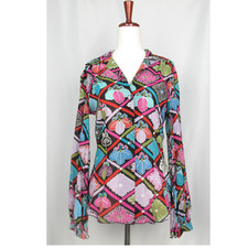 Trina Turk USA Made Silk Button Down Blouse Japanese Floral Origami Bell Sleeve