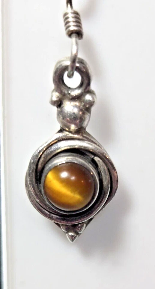 Vintage Tiger Eye Gem Stone Stamped 925 Sterling Silver Dangle Hook Earrings - Image 4 of 4