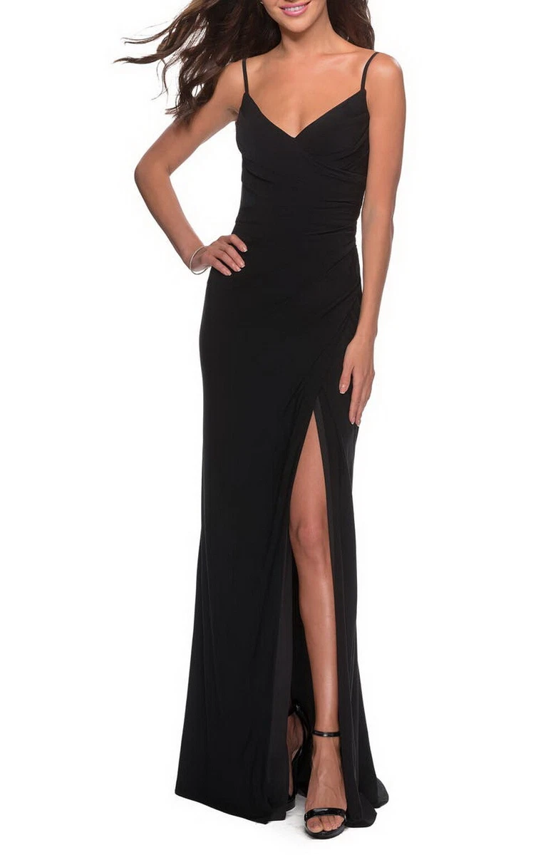 La Femme Black Ruched Cut Out Back Jersey Trumpet Gown Size 2 Orig $288 |  eBay