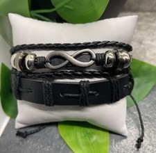 2 PC Leather Bracelet Stackable Adjustable Tie Free Ship Infinity B3285