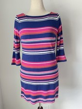 Talbots Women Size 4 Blue Pink Striped Knit Shift Dress Bell Sleeve