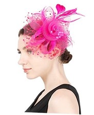 Fascinators Hat Flower Cocktail Lace Mesh Feathers Headband Clip Hot Pink-01