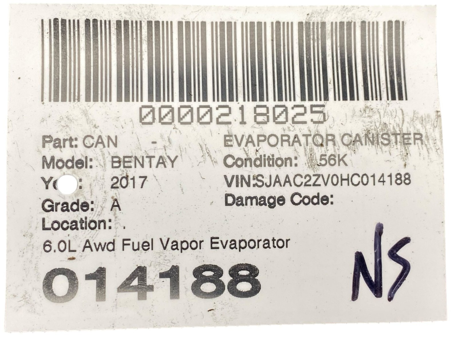 2015-2020 BENTLEY BENTAYGA 6.0L Awd Fuel Evaporator Charcoal Canister & Bracket