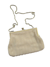 Borsa da sera vintage anni 60 Fine Arts Co finta perla tracolla catena bianco sporco