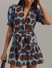 Farm Rio Mini Front Tie Blue Brown Dots Puff Sleeve Dress  XS