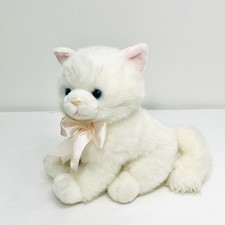 SKM Enterprises White Kitten Cat Plush Blue Eyes Pink Ear Ribbon Bow 11 Vintage