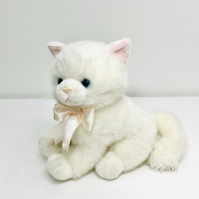SKM Enterprises White Kitten Cat Plush Blue Eyes Pink Ear Ribbon Bow 11  Vintage
