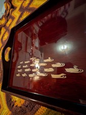 MCM Lacquerware Serving Tray Hollywood Regency Faux Rosewood Brass Overlay Duck