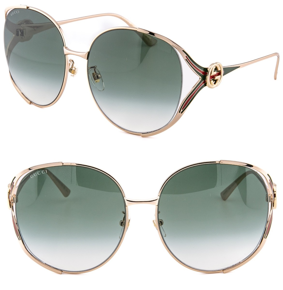 GUCCI GG0225S Gold Green 0225 GG Stripe Logo Oversized Round Metal