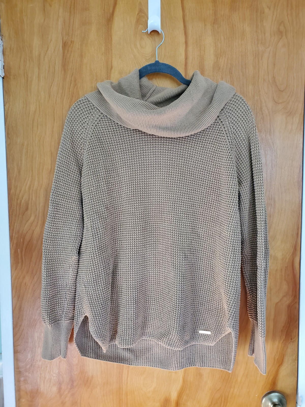 Michael Kors Cowl-Neck Waffle-Knit Tan Pullover Sweater - Women's Size M