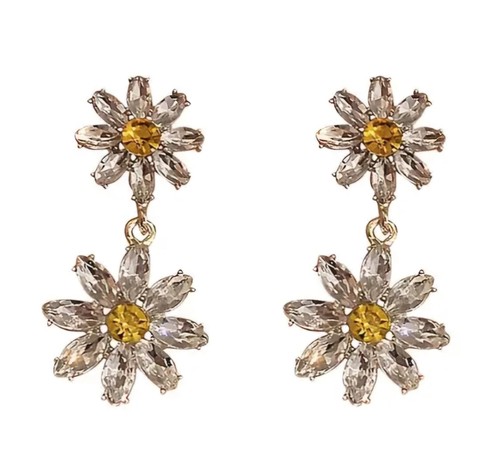Double Daisy Dangle Earrings Clear & Yellow Rhinestones Cute Flowers Floral New. - Picture 6 of 7