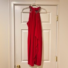 NWT XSCAPE Red Embellished Halter Sleeveless size 14 Knee Length Draped Dress