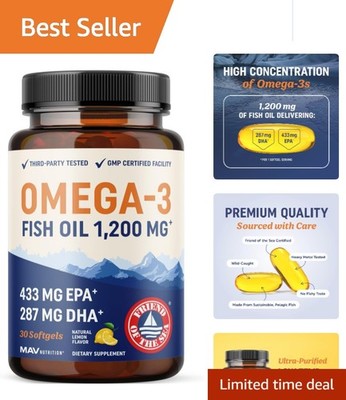 Burpless Lemon Flavored Omega 3 Fish Oil - Triple Strength 1200 mg, 30 Softgels