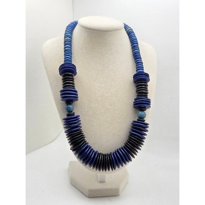 Vintage Blue and Black Disc Necklace - Layered Statement Beads