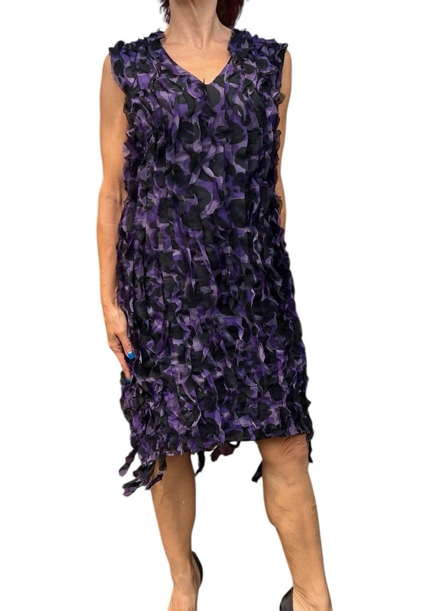 Moschino, Abito senza maniche vintage Moschino economico e chic viola bordo grezzo mini seta con volant 12