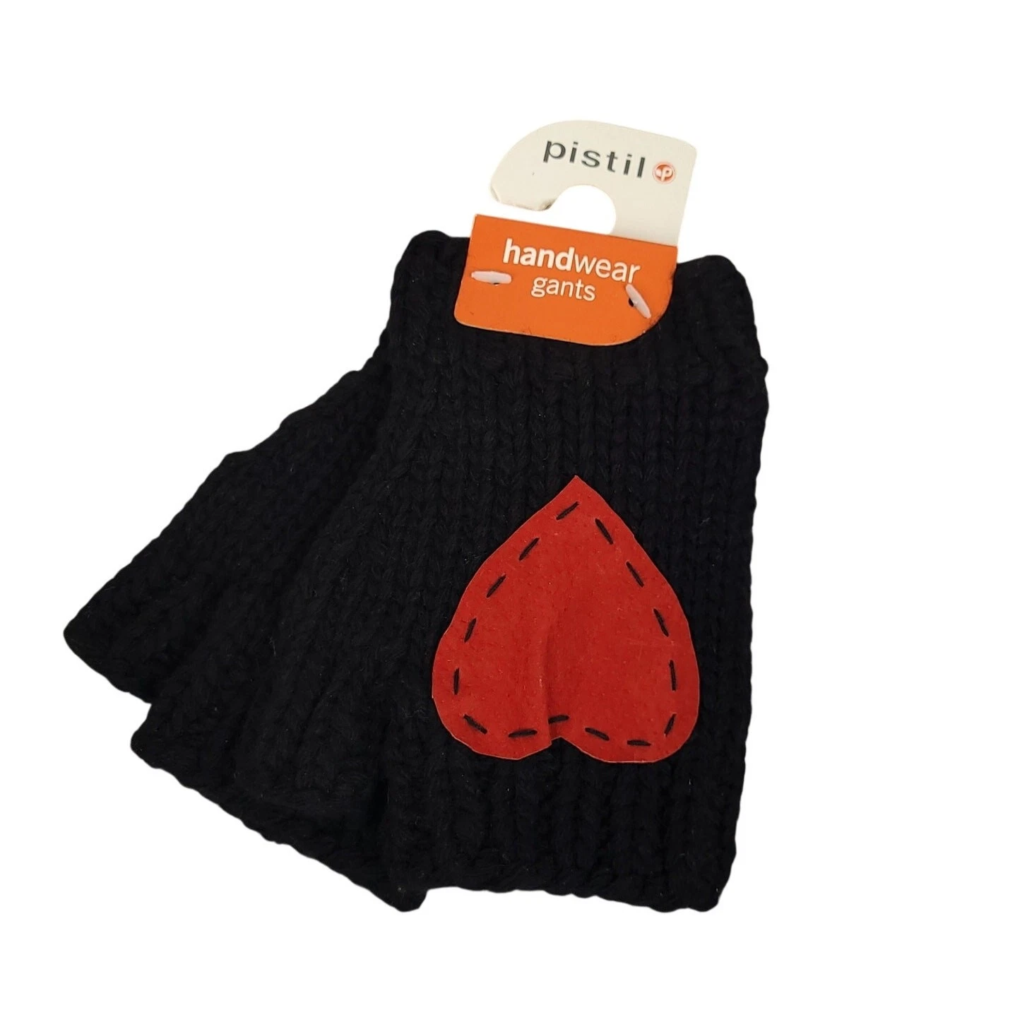 Pistil Lambswool Fingerless Gloves Black Red Heart Patch Handwear Emo Cute NWT