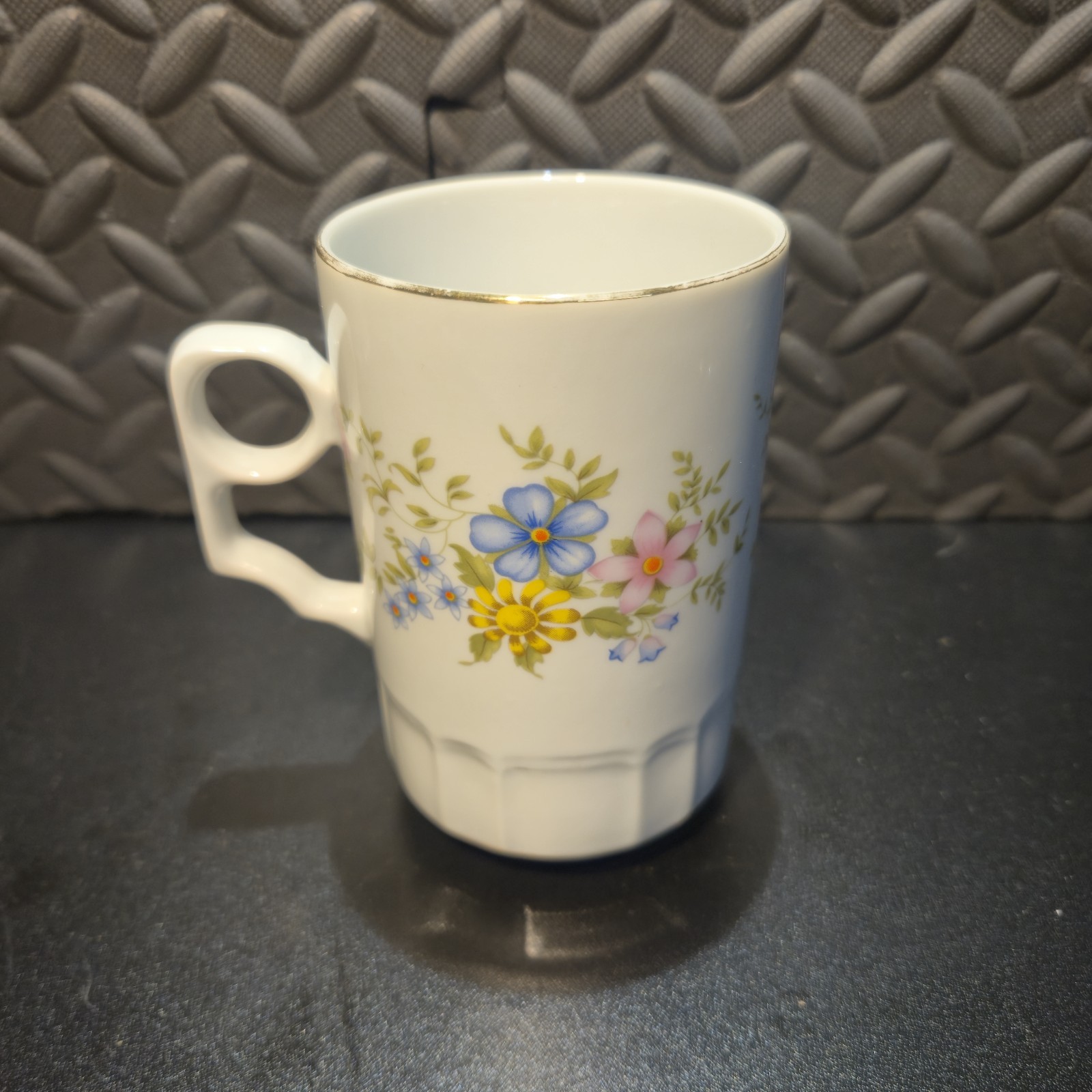 Vintage Porcelain Tea Cup With Lid Floral Butterfly Gold Trim Split Handle 6" image 4