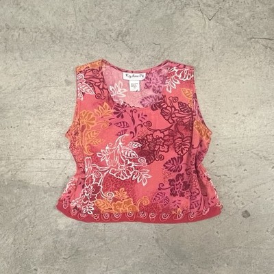 Y2K Beaded Rayon Tank Top Size Large L Pink Orange Floral Tropical Boho