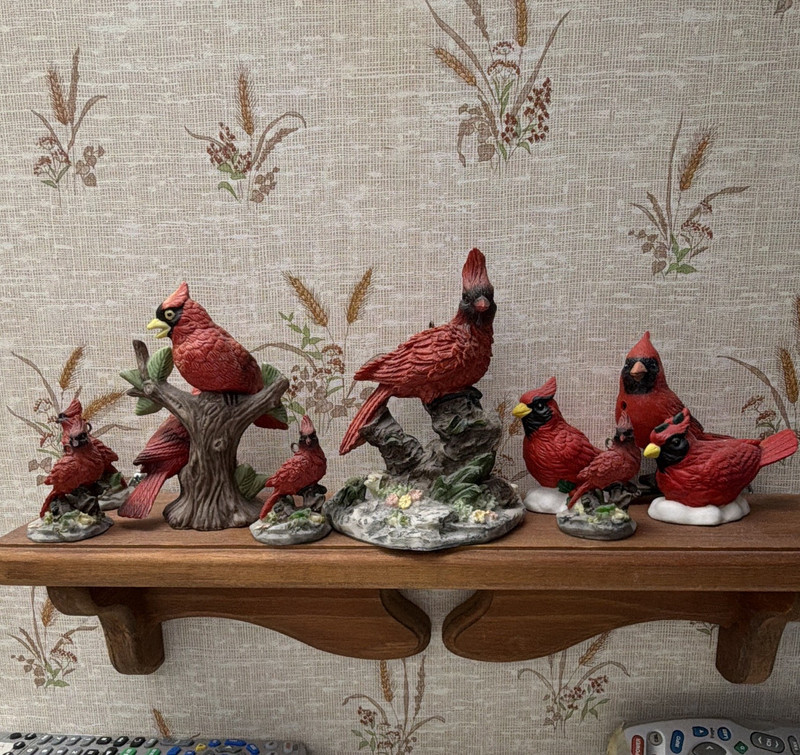 Hand Painted Resin Cardinal Bird Figurines Set of 6, Red/Black/Yellow