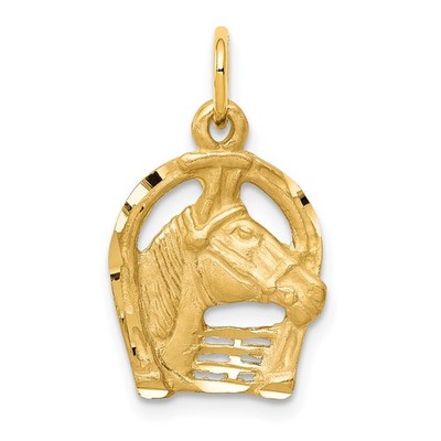 10k Gelbgold massiver diamantgeschliffener Pferdekopf in Hufeisen Charm Anhänger 1,11g