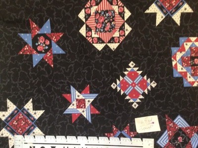 Springs Star Sampler Cheater Quilt on Black Cotton Fabric 1.5 yards