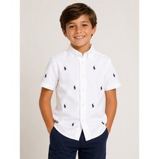 NEW Polo Ralph Lauren Boy White Pony Print Oxford Shirt Button Down Short Sleeve