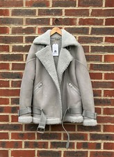 All Saints Ladies Hawley Oversized Shearling Suede Leather Biker Jacket Small