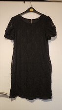 F&F BLACK SHORT SLEEVE SEMI SHEER FLORAL LACE SHORT PENCIL EVENING DRESS UK 12