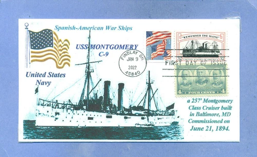 USS MONTGOMERY C-9 Spanish-American War Cruiser Photo Cach Flag First Day, +3192