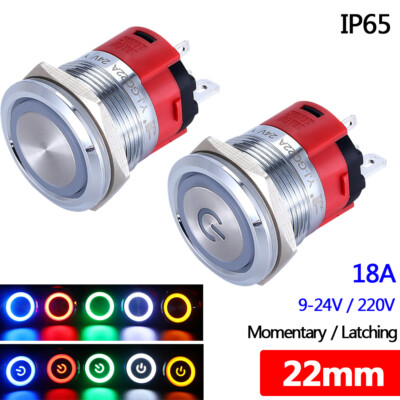 Pulsante Luminoso 22mm Pulsante Interruttore Momentaneo 22 Mm IP65 - Metallico, Illuminato A LED, Impermeabile, Per Pannelli Interruttore Metallico IP65