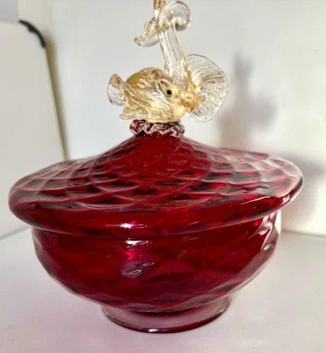 Murano Ruby Red Covered Dish Topped With A Koi Fish