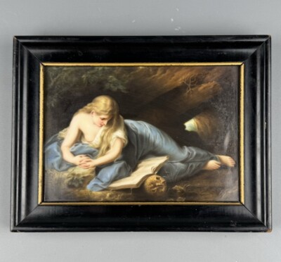 Antique German Painted Porcelain Plaque, Penitent Magdalene after Batoni, c1880