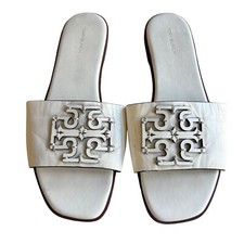 248 TORY BURCH Ines Ivory Leather Slides Sandals Logo Designer Mules Shoes 9.5