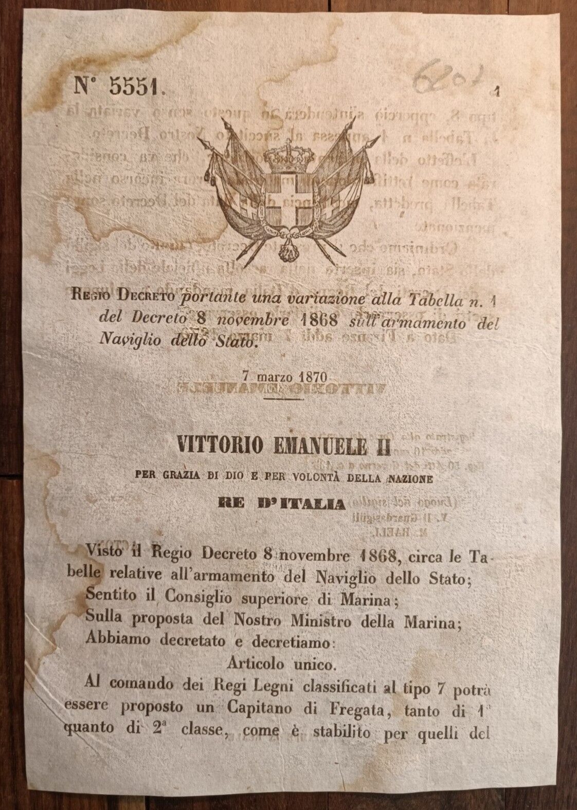 ITALIA 1870 REGIO DECRETO X SULL'ARMAMENTO DEL NAVIGLIO DELLO STATO-6207