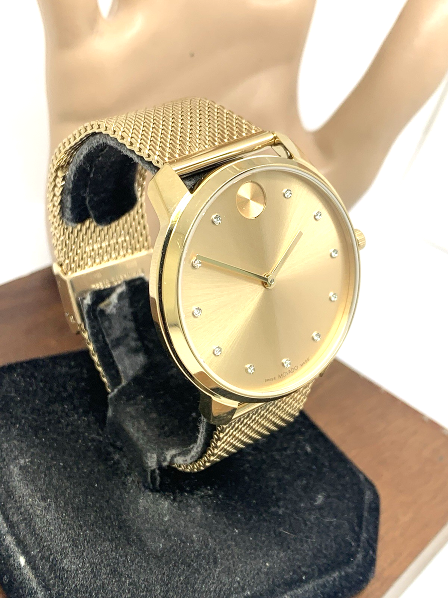 Movado Men's Watch 3600903 Diamond Gold Dial Swiss Quartz Mesh