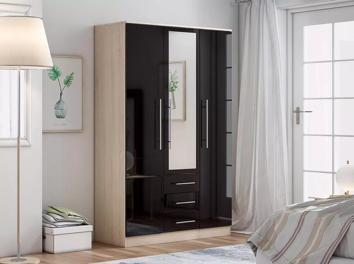 Large Combi 3 Door Mirrored Fitment Wardrobe 3 Drawers in High Gloss Black
