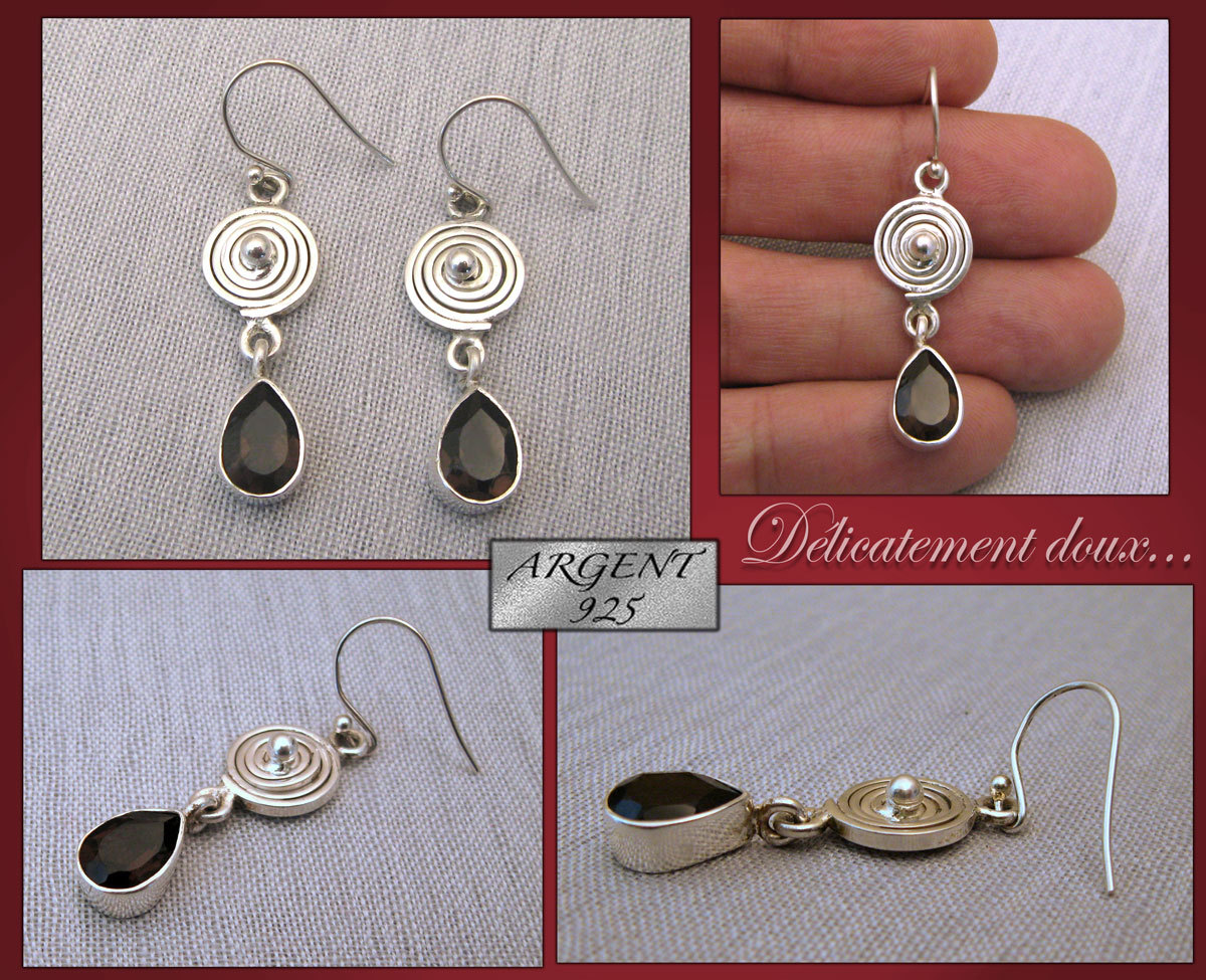 Boucles d'oreilles argent 925 et quartz fumé marron, bijou femme motif spirale