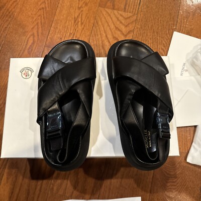 New Moncler Women Black Solarisse Cross-Strap Leather Sandals Platform 37 7 7.5