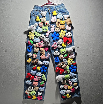 Finesse Blue Denim Wide Leg Jeans Stuffed Animal Embellished Relaxed Fit Women