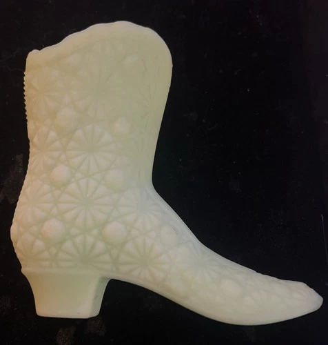 Fenton Lemon Satin Daisy & Button Vaseline Glass Boot